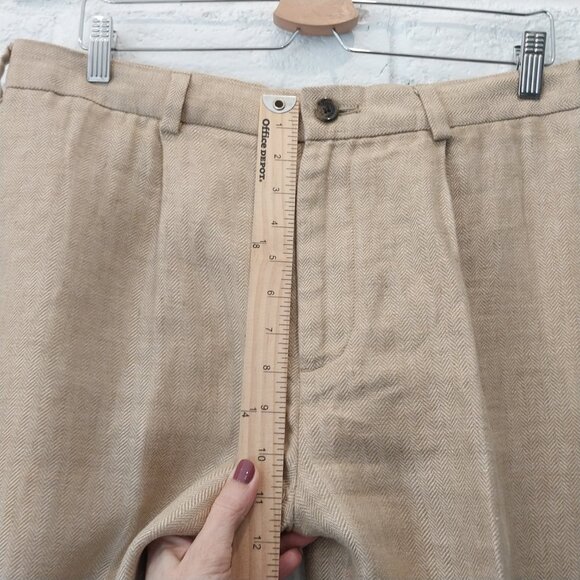 346 Brooks Brothers 100% Linen Pants Men 32x30 Dark Beige Tan Herringbone Cuffed - Picture 10 of 13